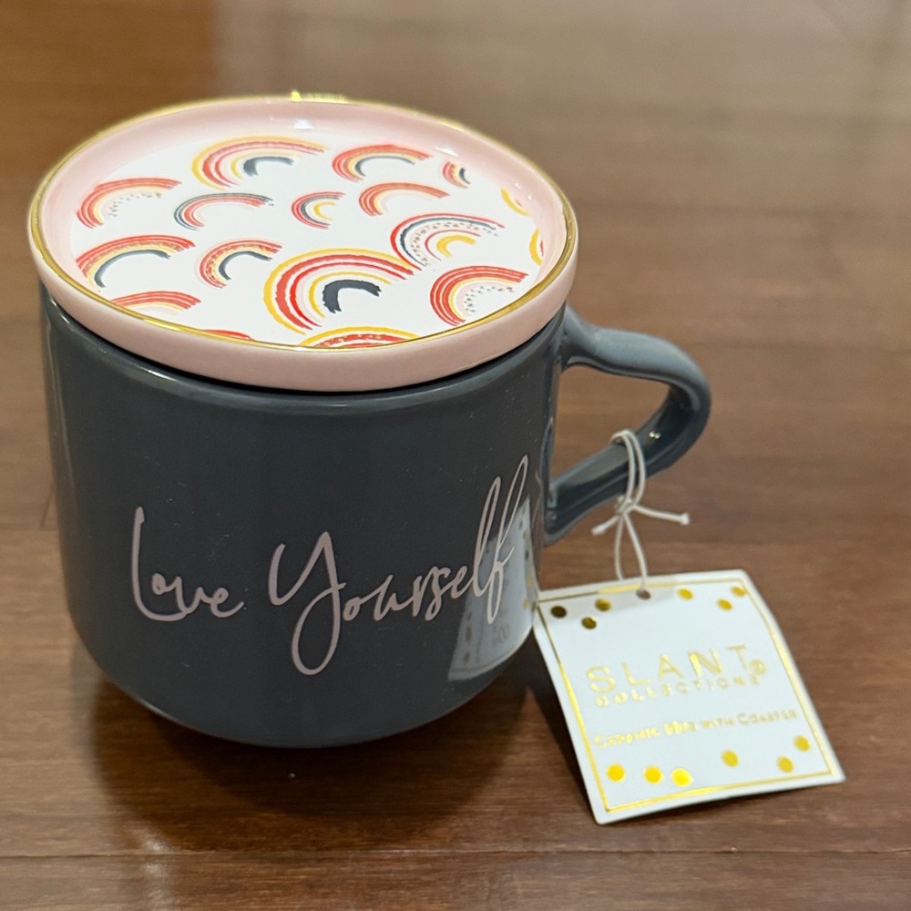 Slant Collections Gray and Pink Ceramic Mug with Coaster “love yourself” 13 oz